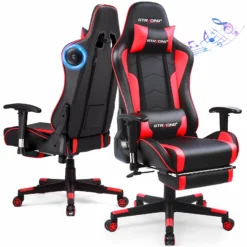 GTPLAYER Gaming Chair with Bluetooth Speakers Music Office Chair with Footrest PU Leather Recliner, Red