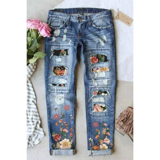 FARYSAYS Tummy Control Jeans for Women's Ripped Boyfriend Jeans Distressed Stretch Floral Patches Womens Straight Leg Jeans Size 12