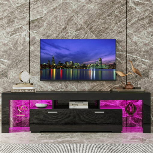 uhomepro TV Stand for Living Room up to 70" Television, Entertainment Center with RGB LED Lights and Storage Shelves Furniture, Black High Gloss TV Console Table, 20 Mins Quick Assemble