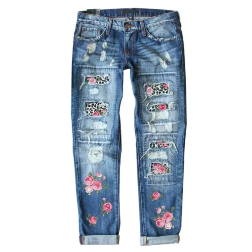 FARYSAYS Floral Blue Jeans Pants for Women Young Adult Jeans Midrise Stretchy Womens Straight Leg Jeans Long Length Women's Pants Ripped Denim Jeggings with Pockets