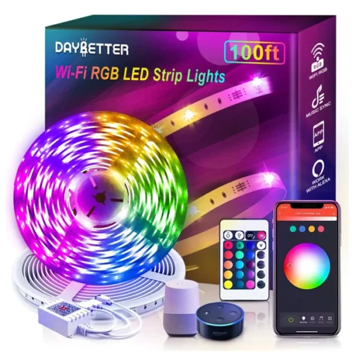DAYBETTER 100ft LED Strip Lights for Bedroom,Alexa Led Light Strip,5050 RGB Color Changing Music Sync with App Remote (2 Rolls of 50ft)