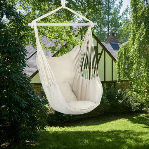 Large Hammock Chair Swing, Relax Hanging Rope Swing Chair with Detachable Metal Support Bar & Two Seat Cushions, Cotton Hammock Chair