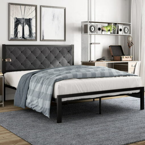 Amolife Full Size Metal Bed Frame with Upholstered Headboard, Dark Grey