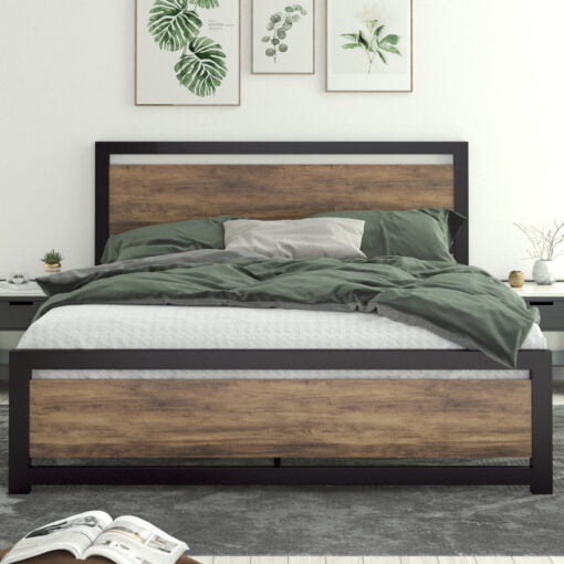 Allewie Brown Queen Size Bed Frame with Modern Wooden Headboard,Heavy Duty Platform Metal Bed Frame with Square Frame Footboard