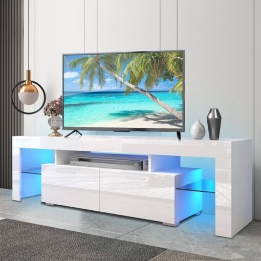 Paproos White TV Stand for 70 Inch TV, Modern High Glossy TV Cabinet with 16 Colors LED Lights, Living Room Corner TV Console Table with Storage Drawers and Shelves, Entertainment Center, J4079