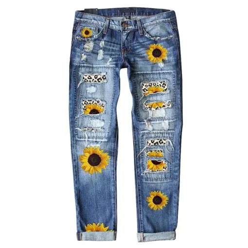 FARYSAYS Women Jeans Stretchy Sunflower Leopard Pattern Print Ripped Jeans Button-Zipper Straight Leg Ankle Jeans with Pockets in Front