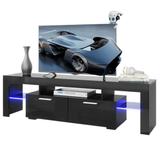 Black TV Stand for 70 Inch TV, Modern High Glossy TV Cabinet with 16 Colors LED Lights, Living Room Corner TV Console Table with Storage Drawers and Shelves, Entertainment Center, J4079