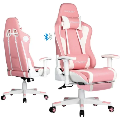 GTRACING Gaming Chair with Speakers Bluetooth and Footrest in Home Leather Office Chair, Pink