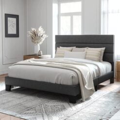 Allewie Queen Size Platform Bed Frame with Fabric Upholstered Headboard, Dark Grey