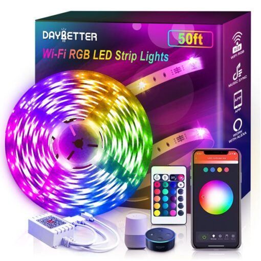 DAYBETTER 50ft LED Strip Lights,RGB 5050 LED Lights Work with Google Assistant, Flexible, Timer Schedule,Color Changing Light Strips for Bedroom