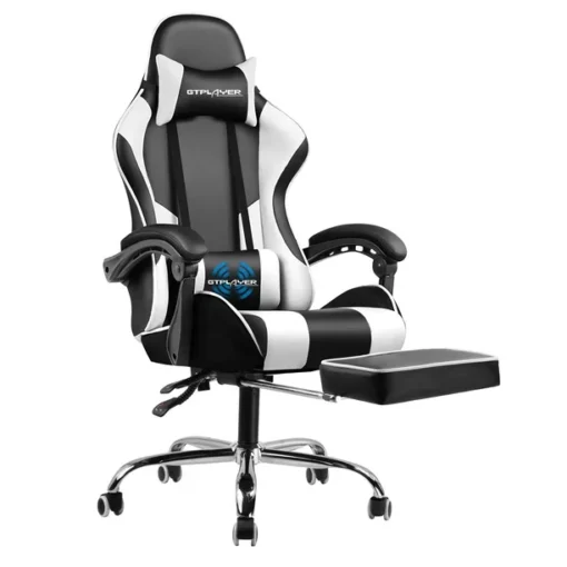 GTRACING Gaming Chair with Footrest and Ergonomic Lumbar Massage Pillow PU Leather Office Chair, White